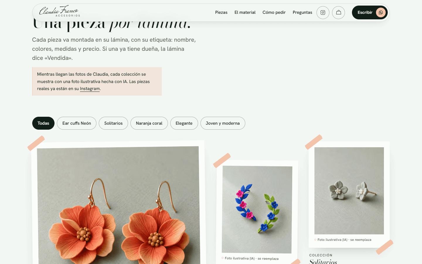 Inicio de la web de Claudia Franco Accesorios con una lámina ilustrada con IA.