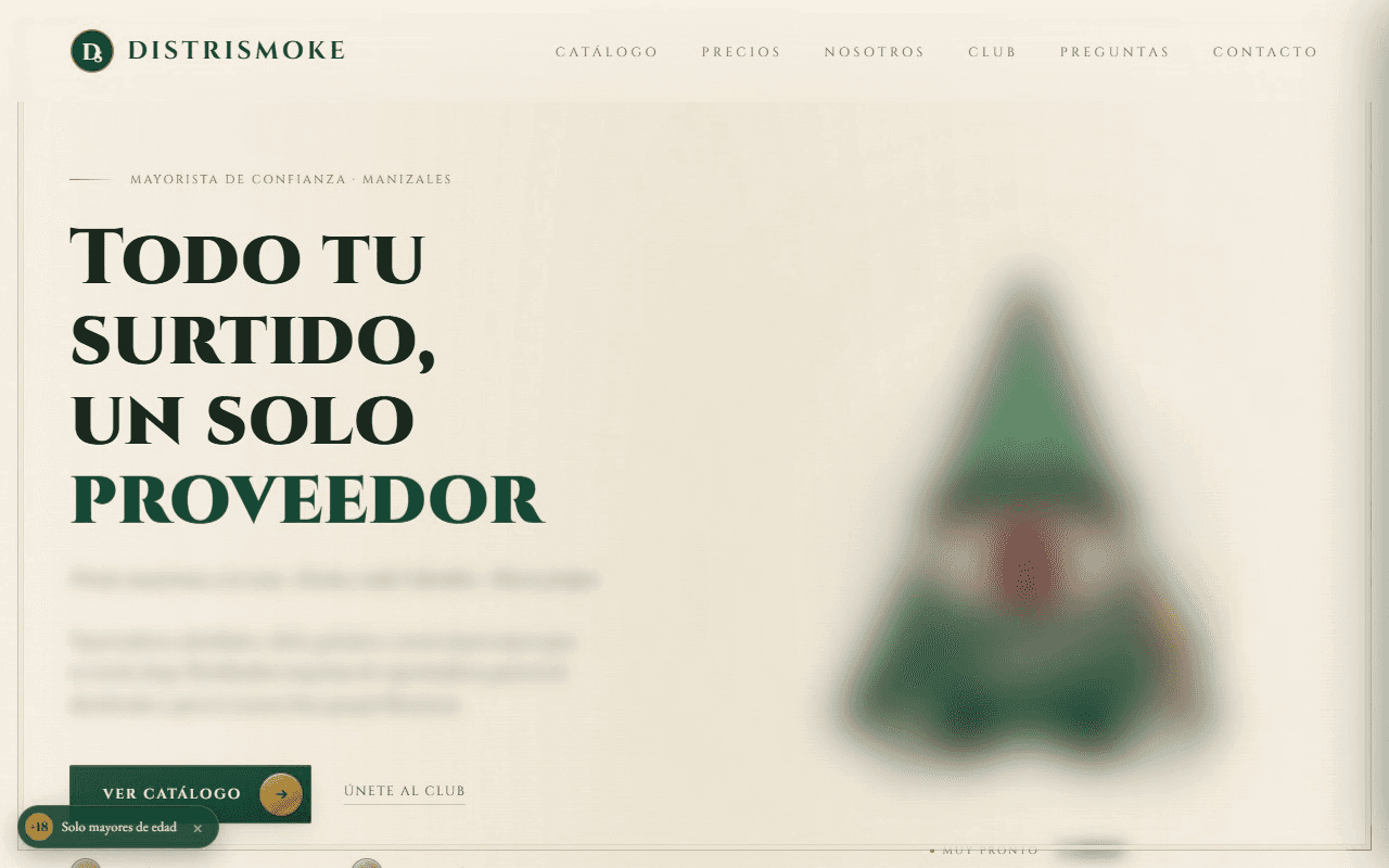 Inicio de la tienda en línea de Distrismoke, con las imágenes de producto difuminadas a propósito.