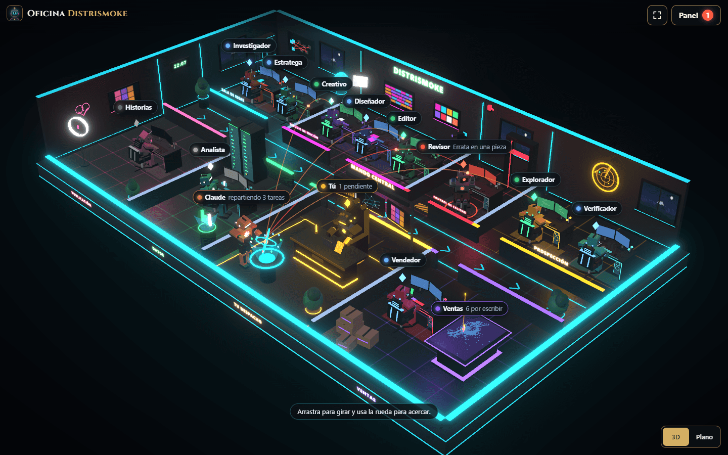 Oficina virtual en 3D con once puestos de trabajo y un mapa de Colombia.