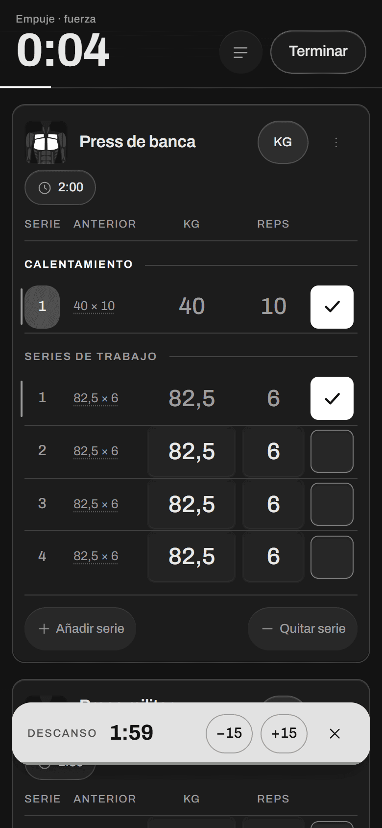 App de entrenamiento con una serie registrada y el descanso en cuenta regresiva.